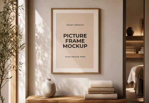 Minimal Wooden Picture Frame Mockup with Soft Natural Light