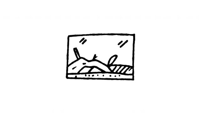 Animated reptile terrarium tank doodle icon. Features 4K frame by frame boiling line animation on black and green screen backgrounds for exotic pet habitat, glass enclosure, lizard, and snake care.