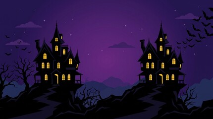 Fototapeta premium Dark spooky hills with glowing haunted houses, bats in purple night sky, eerie Halloween vibe.