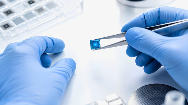 Close up of sterile gloved hands using a tweezer to hold a glowing cyan microchip