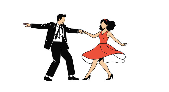 Happy couple in retro outfits holding hands and dancing lindy hop with joyful smiles on white background.