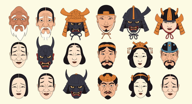 Traditional Japanese noh and kabuki masks collection featuring samurai helmets devils and dramatic faces.