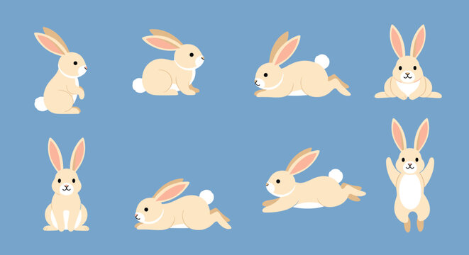 Adorable cartoon rabbits in various active poses including sitting jumping stretching and lying down.