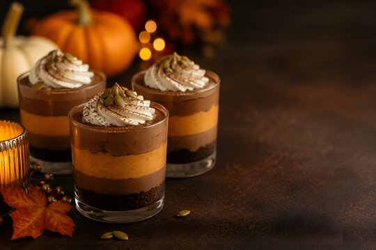 Delicious layered pumpkin chocolate mousse desserts served in glasses for a festive thanksgiving day holiday celebration dinner