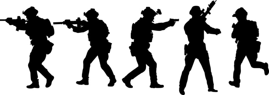 Black Silhouette of Special Forces Operatives in Combat Stance and Position