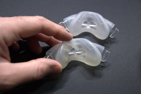 Broken nasal CPAP mask or broken nasal CPAP cradle cushion needs replacement for efficient sleep apnea disorder therapy.
Cracked CPAP nose mask cushion causes leakage and insufficient snoring therapy.