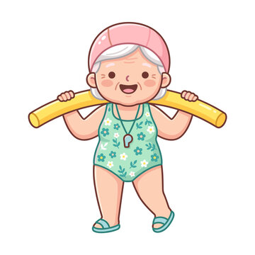 Happy Senior Woman Exercising with Pool Noodle in Swimsuit