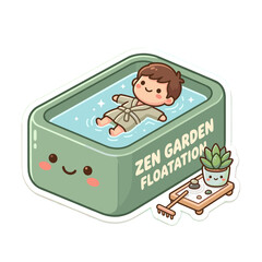 Fototapeta premium Cute Boy Relaxing in Zen Garden Floatation Bath with Succulent Plant