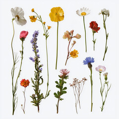 Fototapeta premium Diverse wildflower collection isolated against clean white background with showcases carefully arranged collection fourteen distinct wildflowers vibrant colors