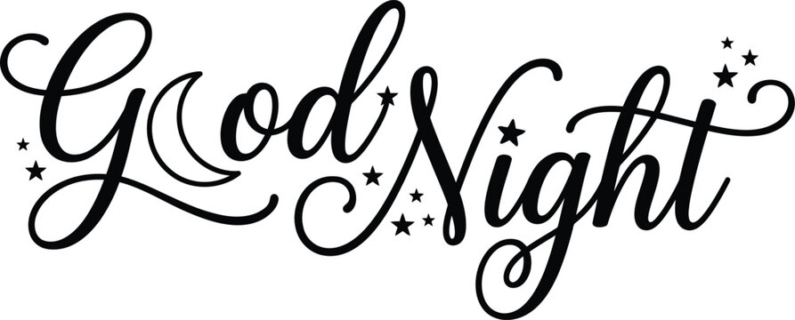 Elegant good night calligraphy lettering with decorative moon and stars isolated on a plain white background