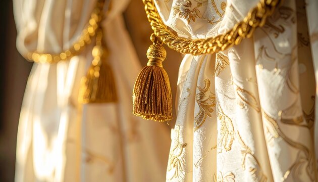 Luxurious neoclassic silk drapes featuring heavy cream colored fabric, gold embroidered and tassel tiebacks