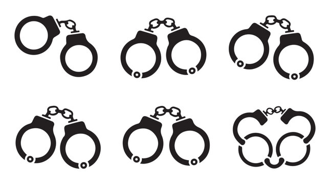 Collection of black silhouette vector icons of handcuffs for criminal and police justice.