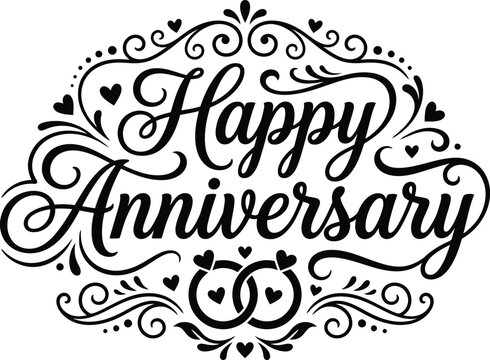 Elegant happy anniversary calligraphy design with ornate flourishes and wedding rings for greeting cards and romantic celebrations