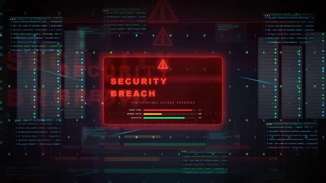 Futuristic Cyber Security Breach Alert Warning on Digital HUD Interface with Server Data