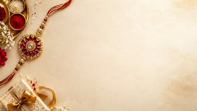 Elegant Raksha Bandhan background with decorative rakhi, gift box and copy space on beige festive backdrop
