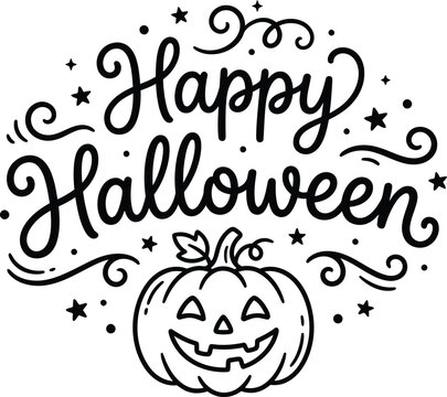 Black and white hand drawn happy halloween lettering with a cute smiling jack o lantern pumpkin illustration