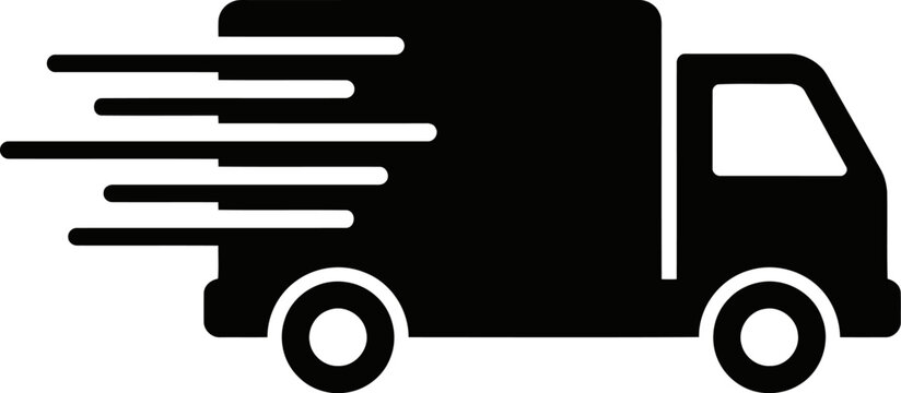 Black delivery truck icon with motion lines representing fast shipping and logistics isolated on white background, symbolizing transportation and express delivery in a minimalist graphic design
