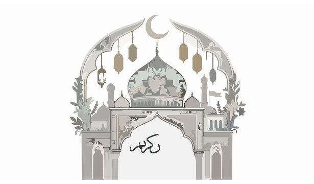 Ramadan Karim elegant  line art vector with mosque arch and hanging lanterns