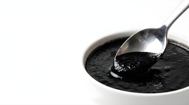 Black sesame paste in a white bowl with a silver spoon on white table