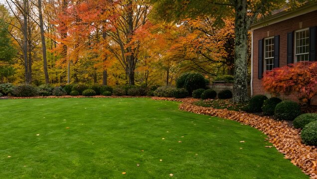 Autumn landscape with red maple tree and brick house garden in fall.