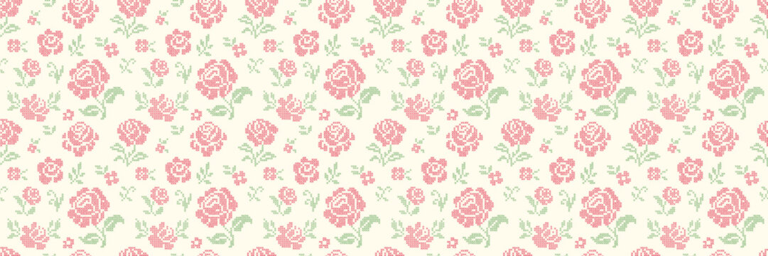 Hand drawn cross-stitch embroidery seamless pattern. Red rose flower ornament. Trendy craft  and artisan intelligence background.