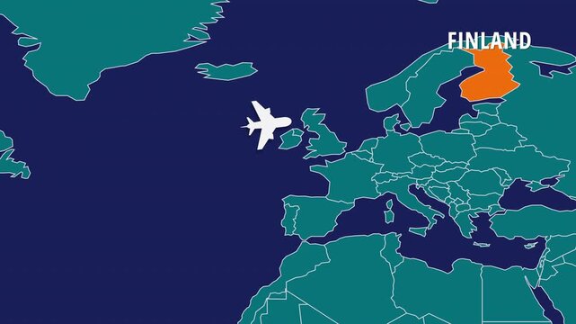Flight Map Animation Showing Airplane Route Travelling From USA to Finland. Perfect visual for video editors, content creators, and marketing agencies needing high-end geographical transitions.