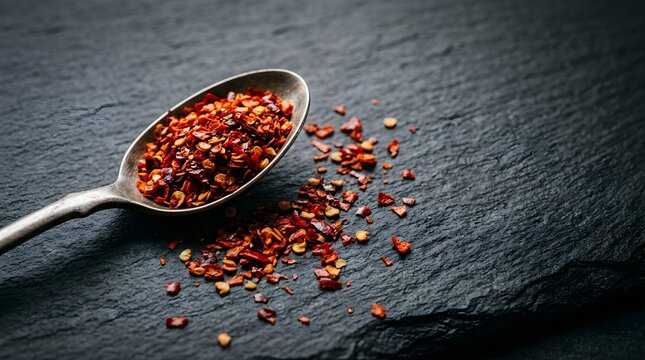 Dried red chili pepper flakes in a metal spoon on black stone surface