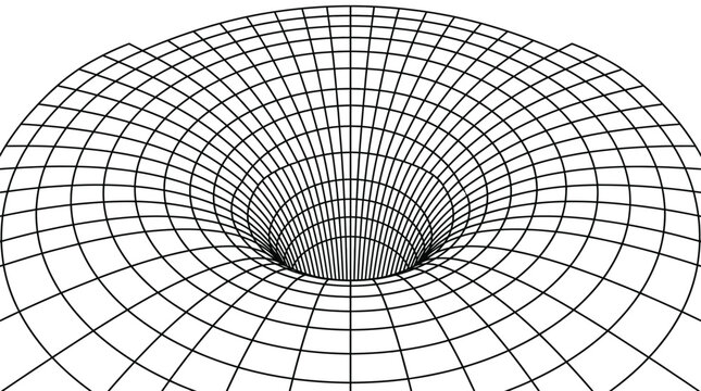 Grid surface features a deep circular distortion that draws the eye toward the center of the geometric pattern to represent the complex gravitational pull of a massive object in deep outer space.