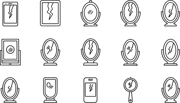 Black cracked screen silhouettes, broken smartphone tablet mirror vector illustration set, damaged glass design collection, technology fragility artwork graphics