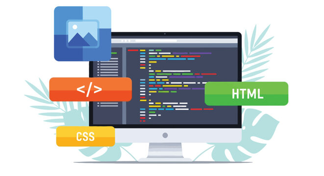 Front end web development concept with computer monitor showing programming code and floating icons for html css and image files on white background space.