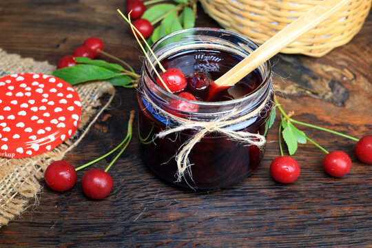 sour cherry jam in glass jar