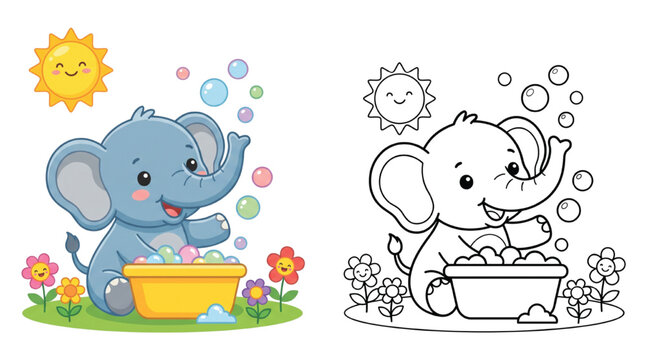 Cute Baby Elephant Taking Bubble Bath Vector Illustration for Kids Coloring Book Page with Flowers and Sun Outline and Color Set