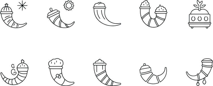 Black horn silhouettes, decorative cornucopia vector illustration set, abstract design collection, symbolic icons, artistic cultural artwork graphics