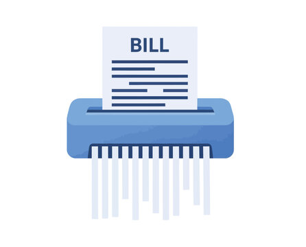 Document shredder cutting paper with bill text, flat cartoon style icon on white background, concept of destroy data and confidential information.