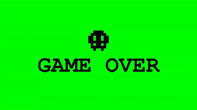 Retro 8 bit pixel art game over screen with alien invader on green screen background.