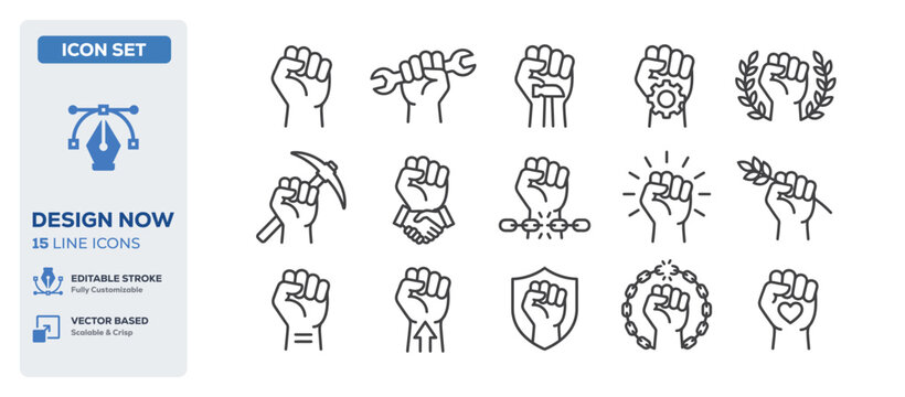 flat vector illustration line art icon bundle set design representing social activism human rights equality power fists community protesting strong unity freedom UI apps