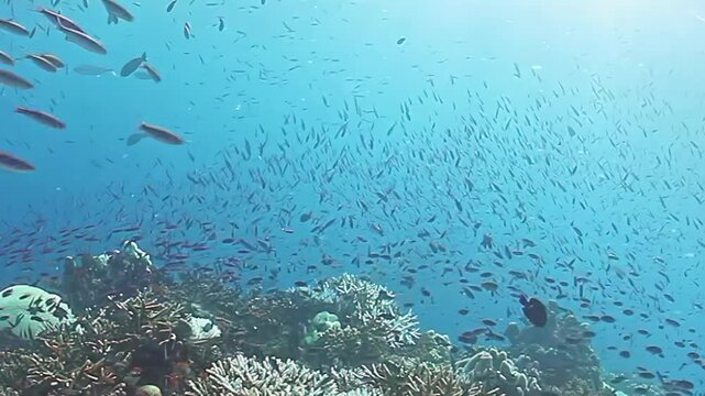 Beneath the clear waters of Fiji Islands, colorful fish dance among stunning coral reefs. Rays of sunlight pierce the ocean, illuminating the rich marine life thriving in this paradise.