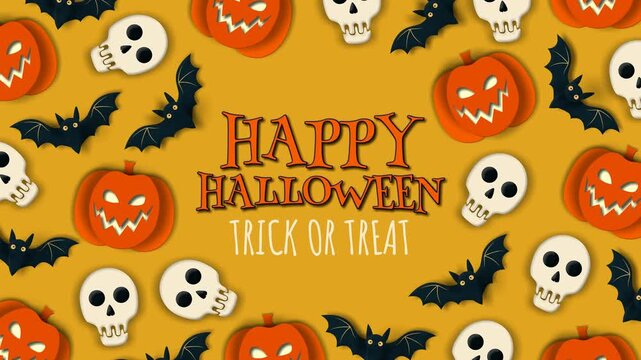 Happy Halloween Paper Cut. A 4K seamless looping paper-cut animation featuring "HAPPY HALLOWEEN" text surrounded by floating pumpkins, bats, and skulls on yellow background. Perfect for holiday intros