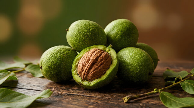 Green walnut, harvest and fresh nuts on wood for health, organic food and culinary ingredients. Unripe fruit, shell and kernel with nature, agriculture and farming for diet, nutrition and growth