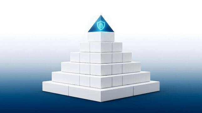 Cybersecurity, data protection and pyramid with blocks for internet safety, privacy and digital encryption. Network infrastructure, information security and server with padlock icon for web shield