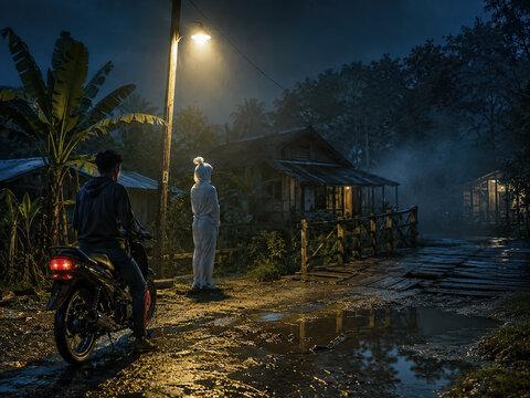 Motorcyclist stopped before a white shrouded ghost on a rain-wet village road. generative AI