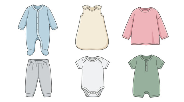 Collection of cute pastel baby clothes including bodysuits pants and rompers