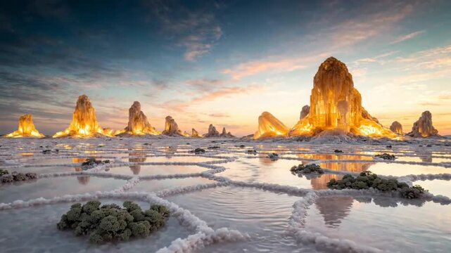 Stunning Sunrise Landscape View of Salt Formations at Dallol Salt Flat Desert in Ethiopia