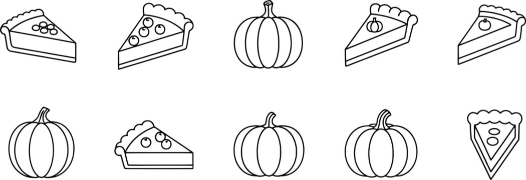 Black pumpkin and pie silhouettes, autumn harvest vector illustration set, Thanksgiving dessert design collection, seasonal icons, cozy artwork graphics