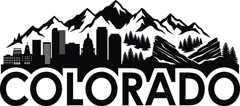 Black and white silhouette illustration of the colorado skyline with mountain peaks and urban buildings