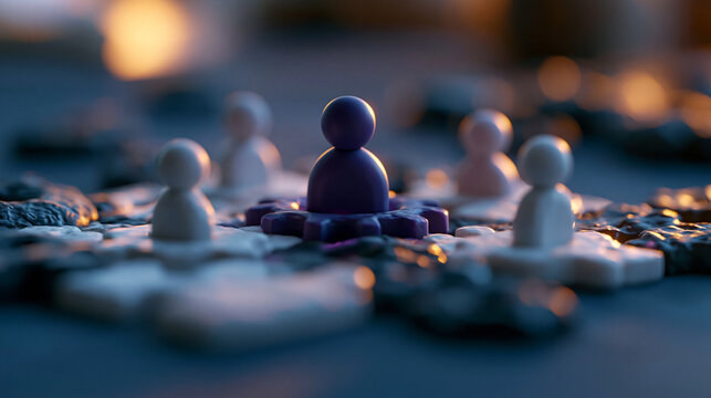 Abstract concept of strategic leadership with single purple pawn and many pawns