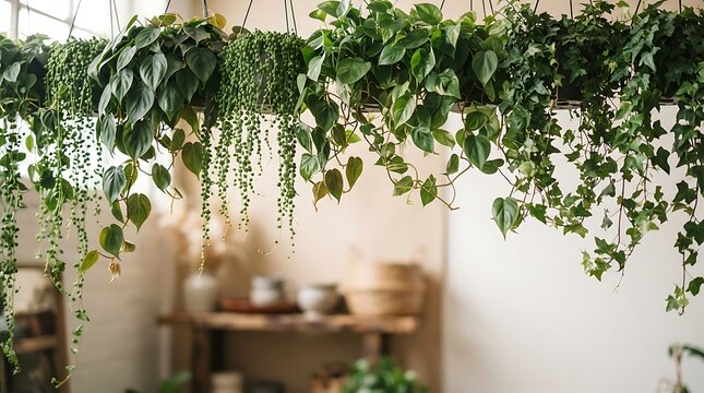 Trailing philodendron and string of pearls plants in a bright indoor setting