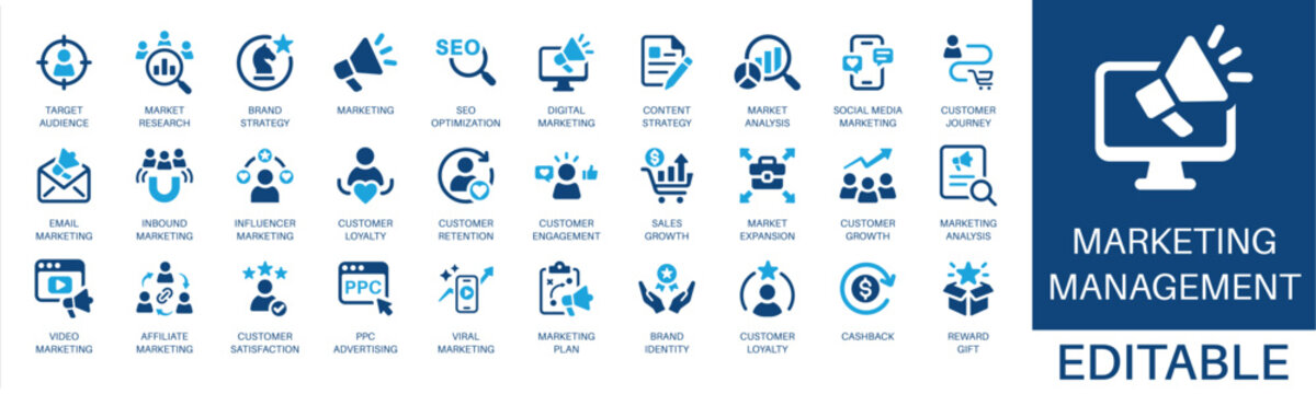 Marketing management and brand strategy solid icon set. Featuring market research, target audience, sales growth, seo optimization, and customer journey. Editable vector glyphs for business growth.