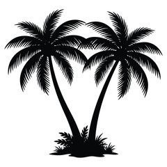 Black silhouette of two tropical palm trees leaning together forming a heart shape isolated on white background
