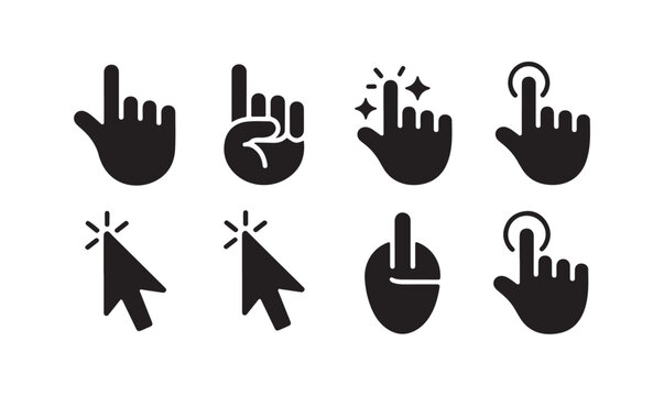 Hand and cursor click icons with animation sparkle and button press effects for digital interfaces.